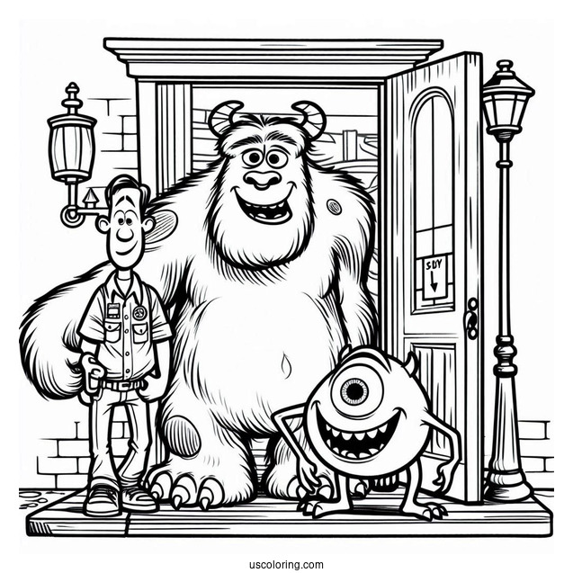 Pixar Coloring Page of Sully And Mike In Front Of Door Mosnter s Inc