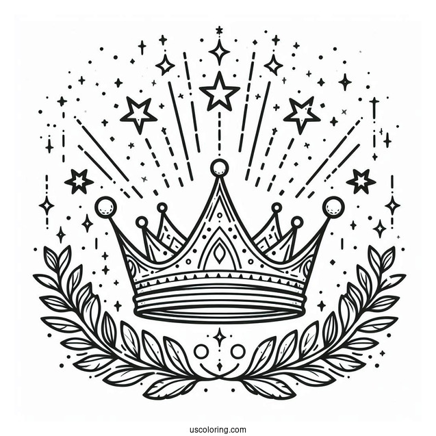 Majestic Crown Coloring Page with Stars and Light Beams