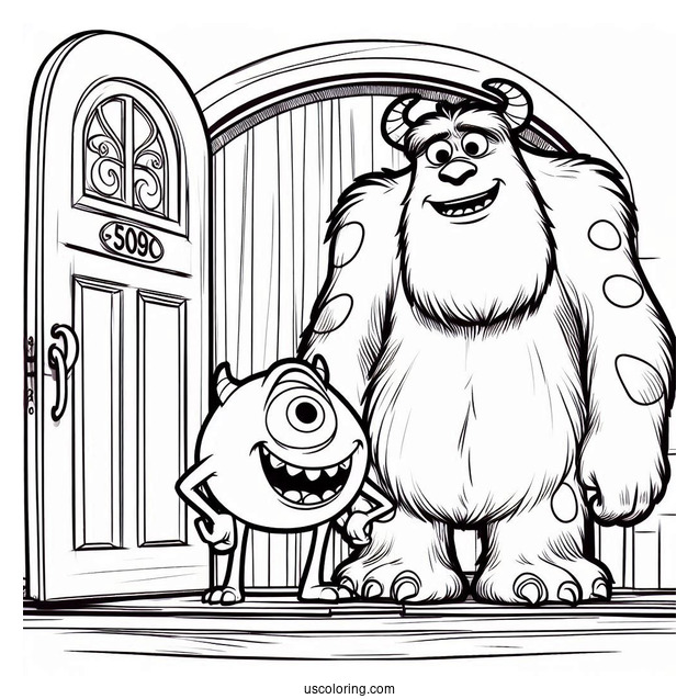 Pixar Coloring Page of Sully And Mike In Front Of Door Mosnter s Inc