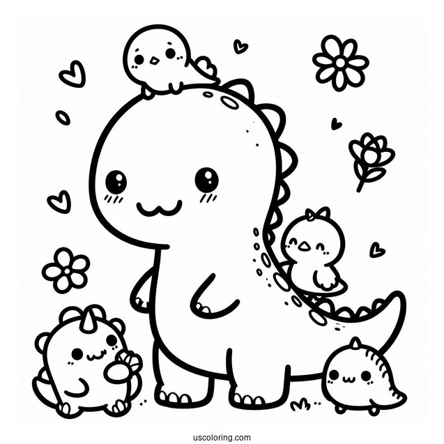 Kawaii Dinosaur With Little Animals On Its Back Coloring Page