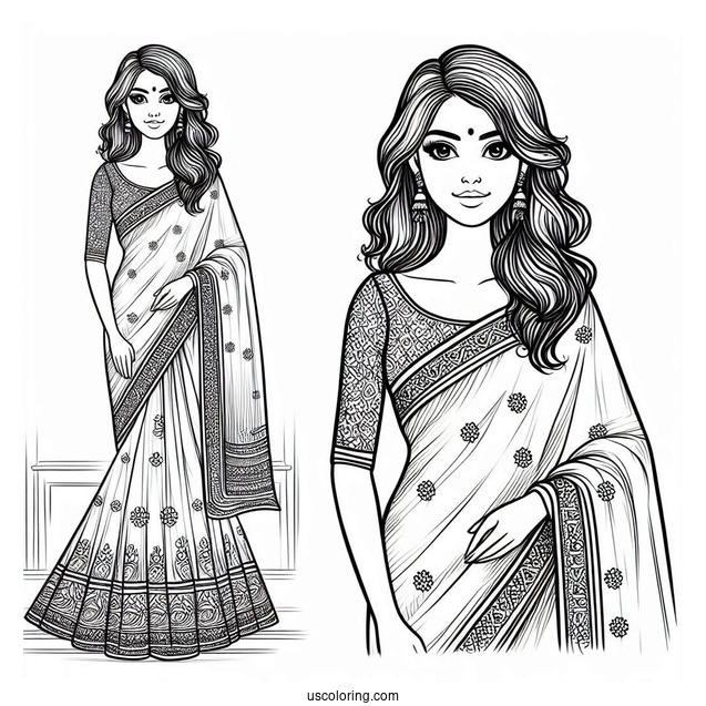 Indian Woman Wearing Elegant Sari Dress Coloring Page
