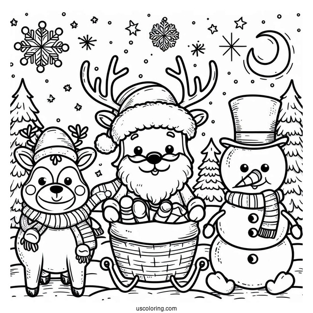 Santa With Rudolph And Snowman To Color
