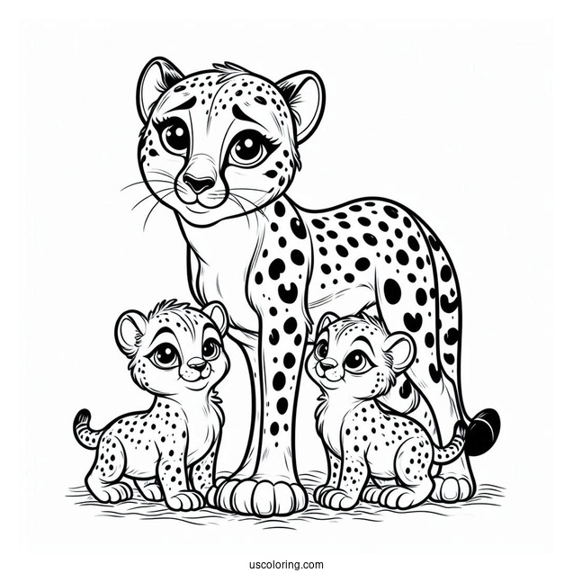 Mama Cheetah Coloring Page With Her Babies
