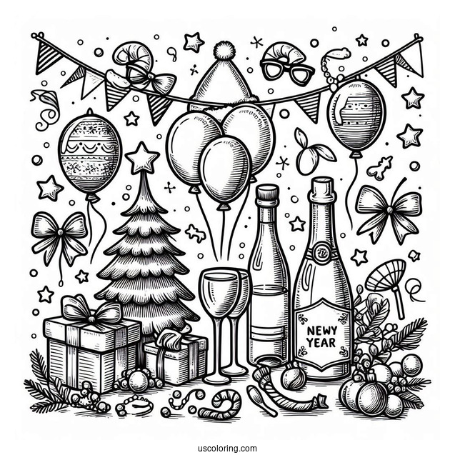 New Year Coloring Page Of Essentials With Party Hats, Christmas Tree, Wine Glasses, And Balloons