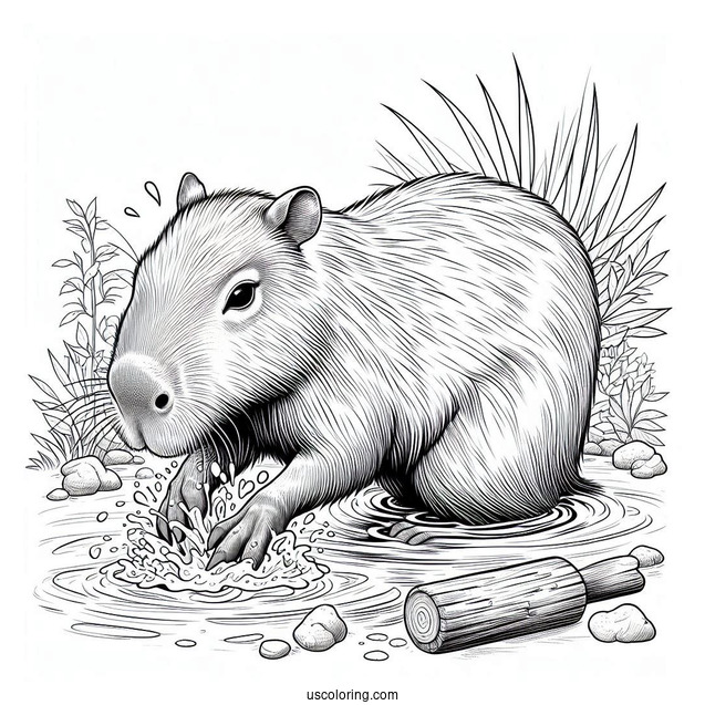 Realistic Capybara Coloring Page Taking A Bath