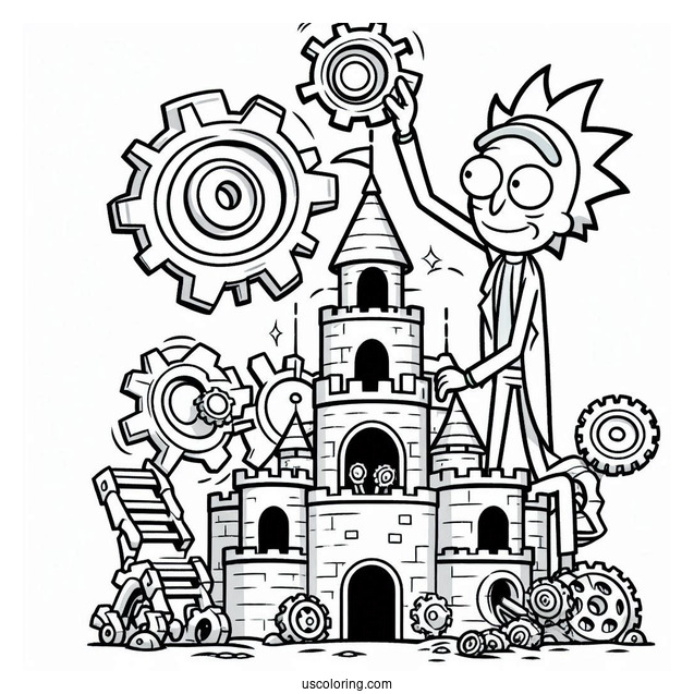 Jerry and Gearhead Building a Castle Rick and Morty Coloring Page