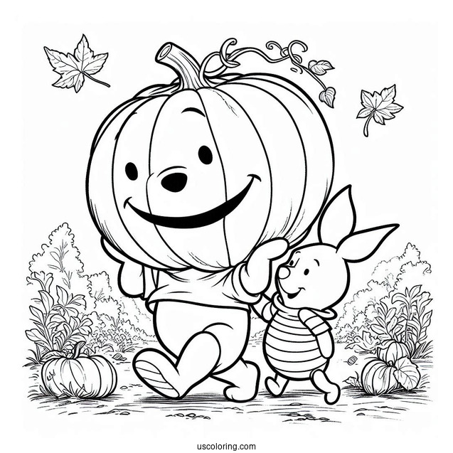 Winnie The Pooh And Piglet Carrying A Giant Pumpkin Coloring Page