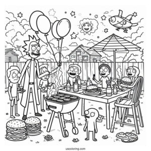 Rick and Morty Coloring Page Of Backyard Barbecue Party With Characters