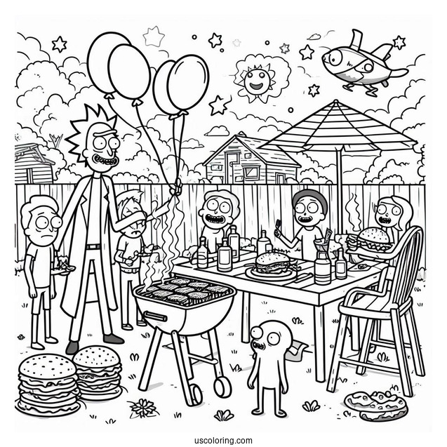 Rick and Morty Coloring Page Of Backyard Barbecue Party With Characters