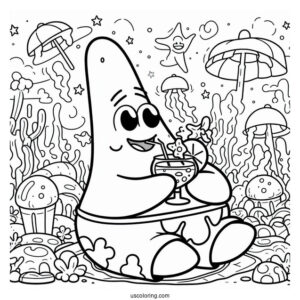 Patrick Star Coloring Page Drinking Cocktail In Front Of Jelly Fields