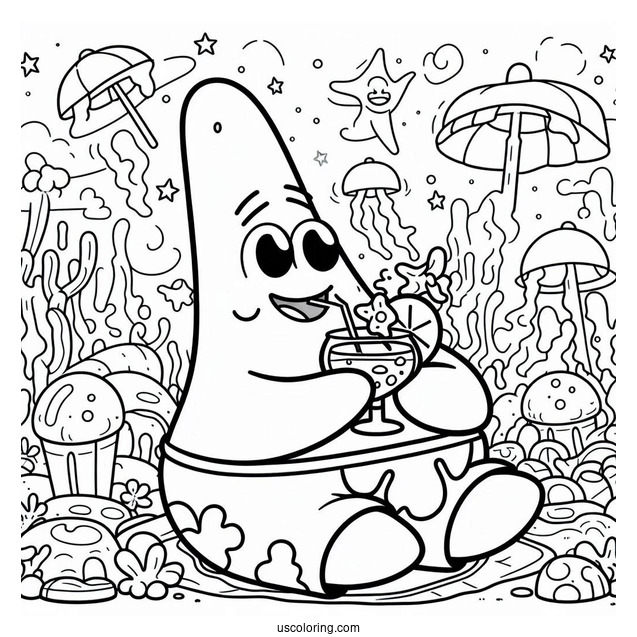 Patrick Star Coloring Page Drinking Cocktail In Front Of Jelly Fields
