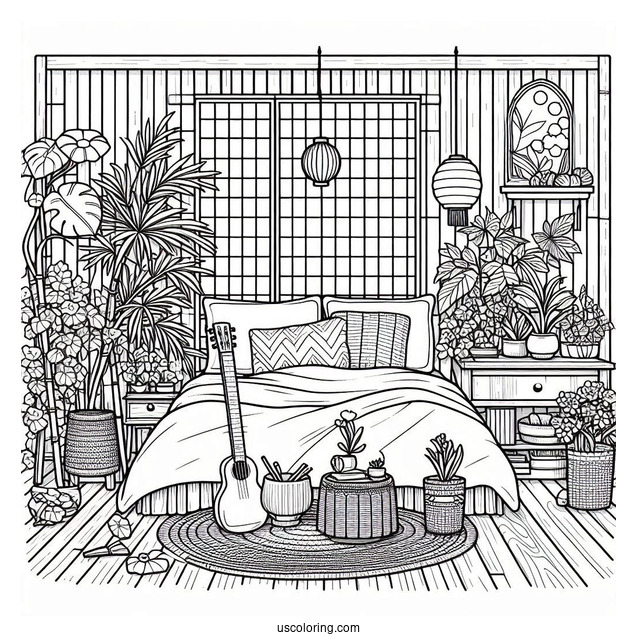 Bedroom Coloring Page Japanese Theme Bedroom With Plants And Guitar