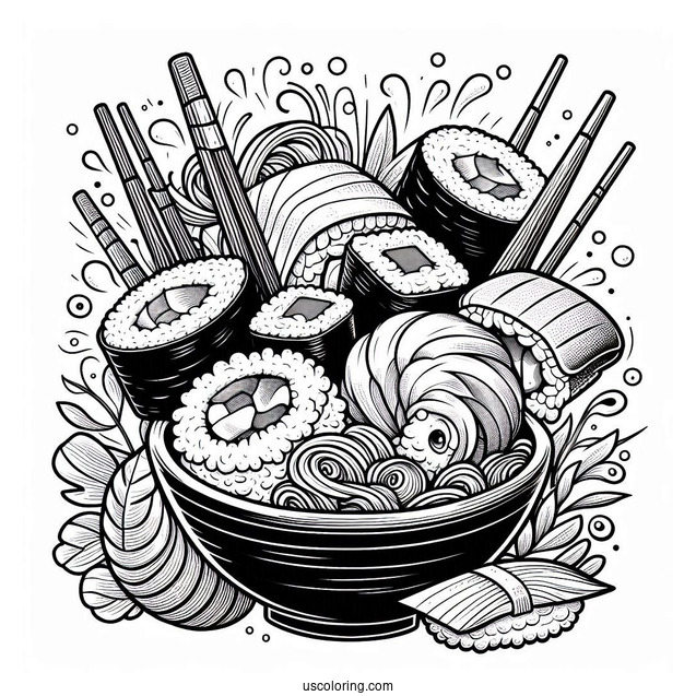 Sushi Coloring Pages Nigiri, Maki, Uramaki, Inaru, And Temari Sushi Bursting From A Ramen