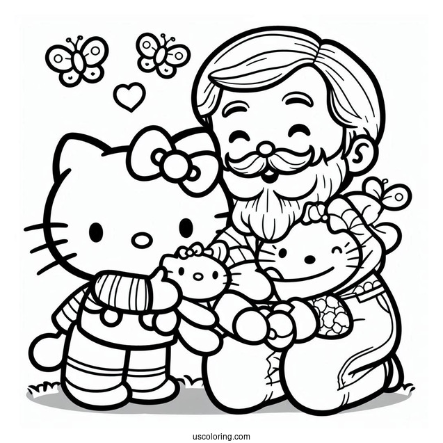Hello Kitty And Mimmy Hugging George Papa White On Father's Day Coloring Page