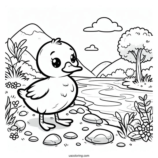 Simple Hiker Duck Next To the River Coloring Page For Preschoolers