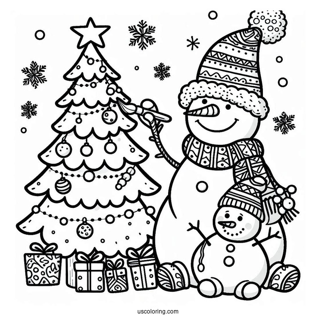 Coloring Page a Snowman Decorating a Christmas Tree