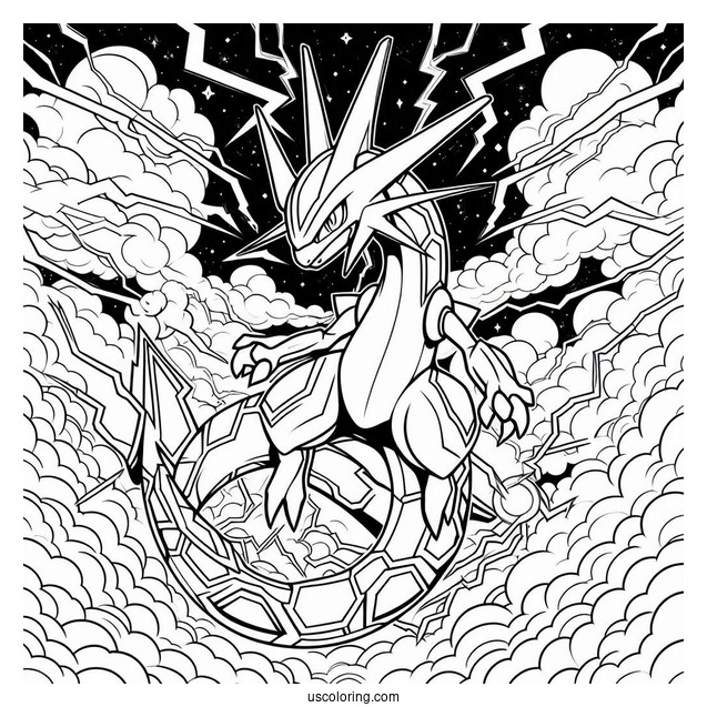 Detailed Mega Rayquaza Coloring Page Surrounded By Electricity