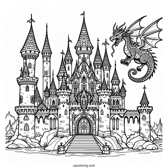 Middle Ages Castle Coloring Page With Dragon