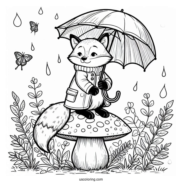 Fox Coloring Page In A Raincoat With Umbrella Standing On A Mushroom