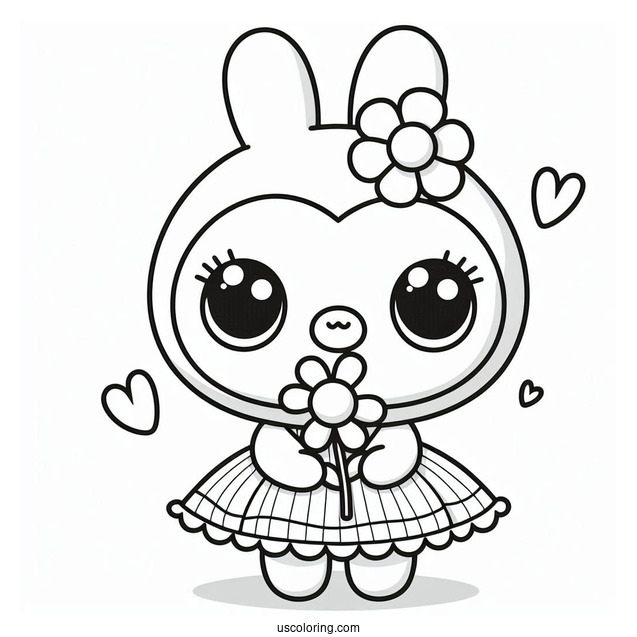 Pororo Coloring Page Of Kawaii Loopy In A Dress Holding Flower For Preschoolers