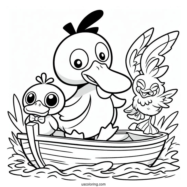 Psyduck Coloring Page On A Boat With Quaxly, Farfetch'd, And Sirfetch'd Ludicolo,