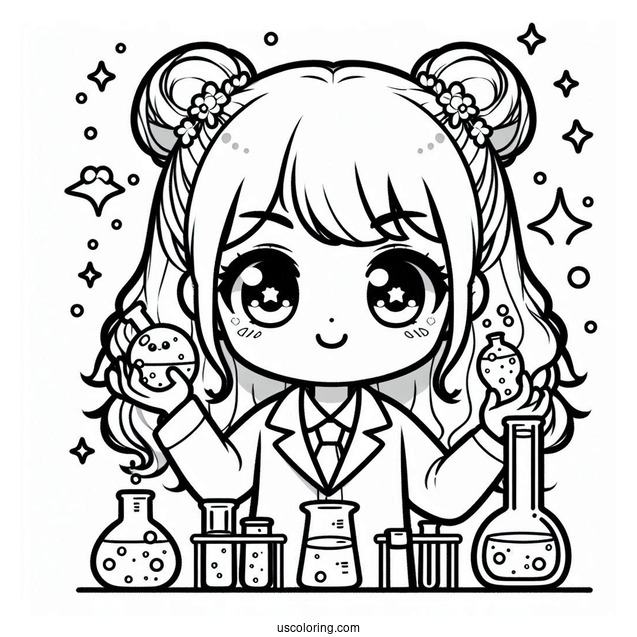 Science Coloring Page Of Kawaii Female Scientists Holding Volumetric Flasks