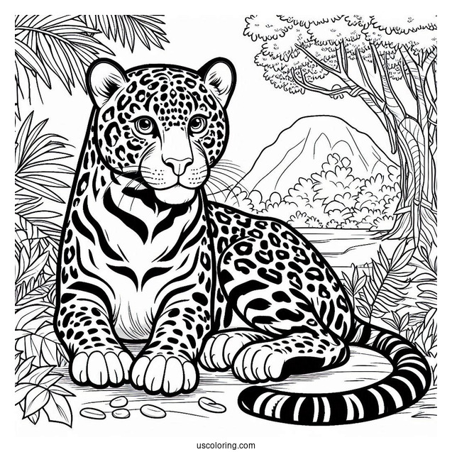 Jaguar Sitting In The Jungle Coloring Page