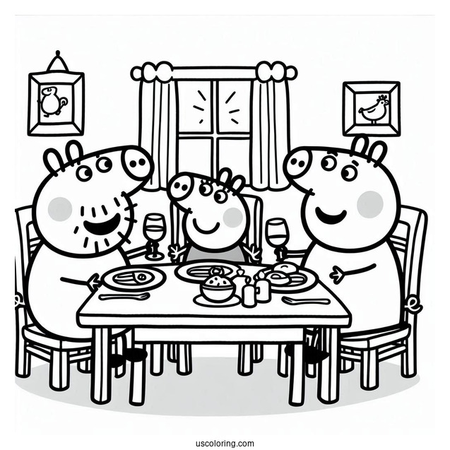Peppa Pig Family Eating Dinner At Table Coloring