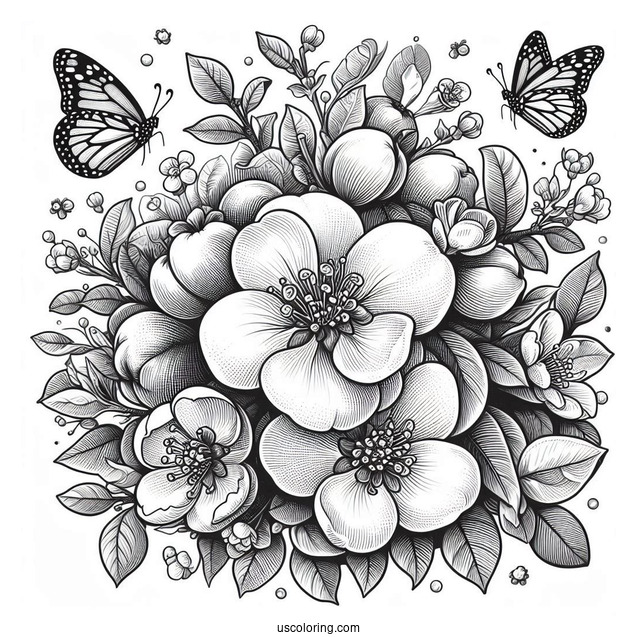 Flower Coloring Pages Of Quince With Butterflies In A Ring