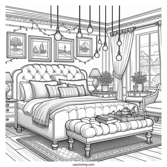 Classy Bedroom Coloring Page With Ottoman, Paintings, And Hanging Lights
