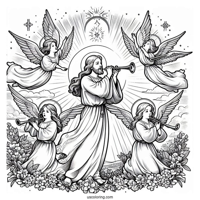 Holy Jesus With Angels Blowing Trumpets On Easter Coloring Page