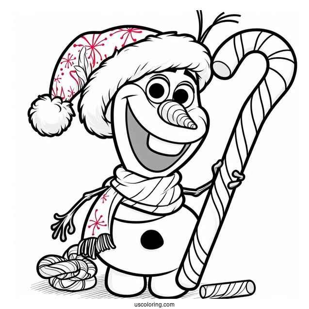 Olaf Wearing Santa Hat With Candy Cane To Color