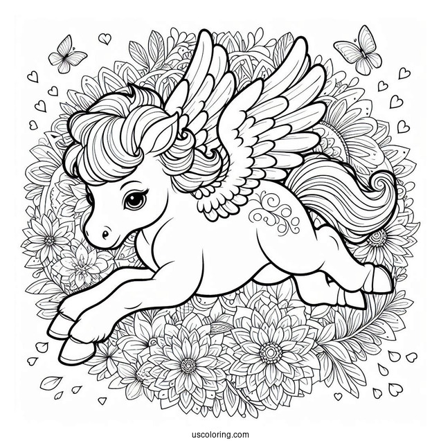 Baby Pegasus Coloring Page Leaping Over Flower Mandala