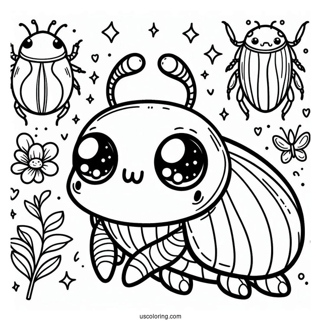 Kawaii Beetle Coloring Page With Large Eyes For Preschoolers