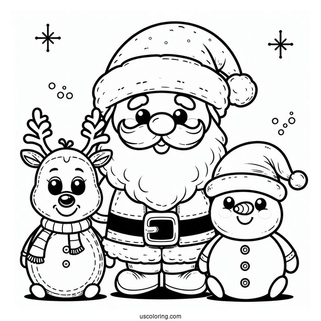 Santa With Rudolph And Snowman To Color