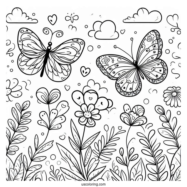 Cartoon Spring Coloring Page Butterflies And Flowers