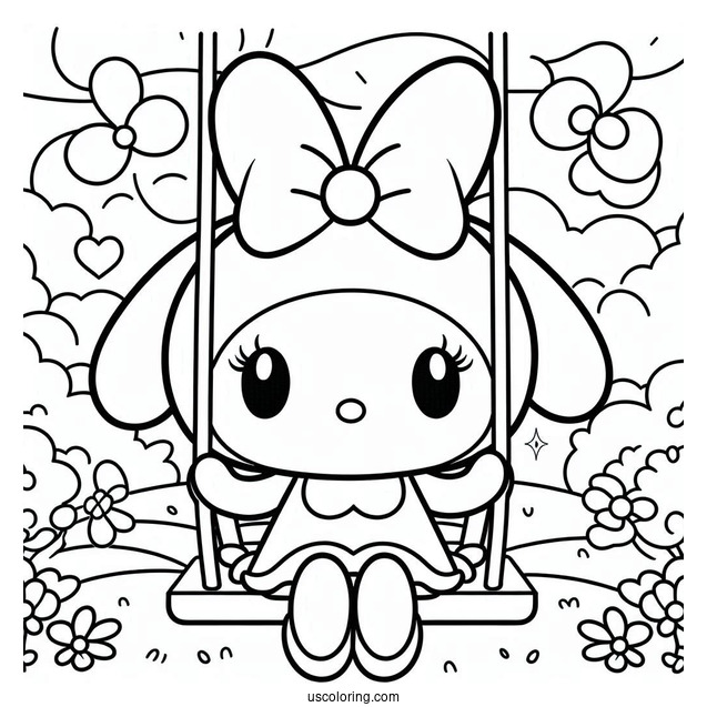 My Melody Coloring Page On A Swing With Risu