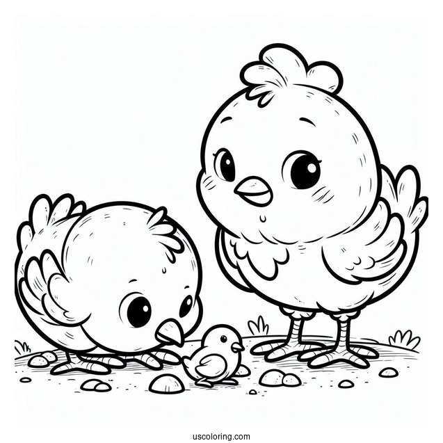 Two Cartoon Chickens Looking For Food