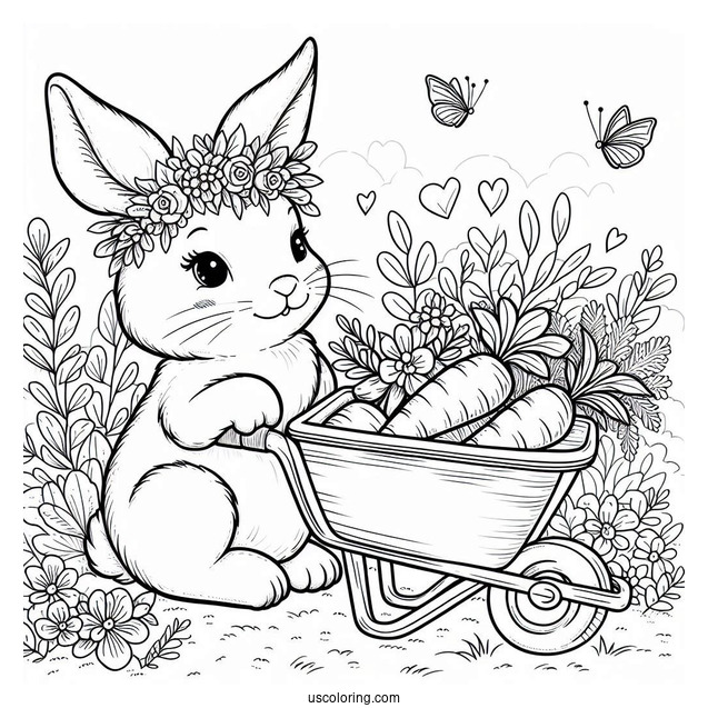 Rabbit In A Wheelbarrow With Carrots In Spring Coloring Sheet For Preschoolers