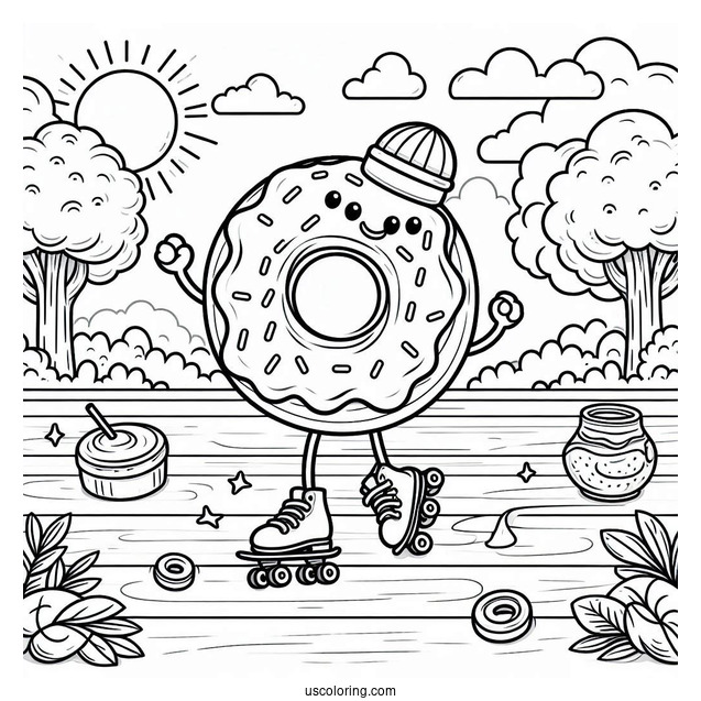 Donut Coloring Page Roller Skating In A Park