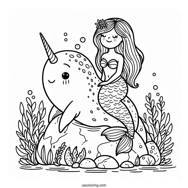 Narwhal Coloring Page And Mermaid Perched On A Rock For Kids
