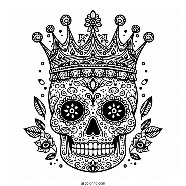 Majestic Sugar Skulls Coloring Page Wearing Crown