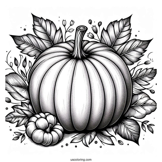 Full Page Realistic Pumpkin Coloring Page With Leaves