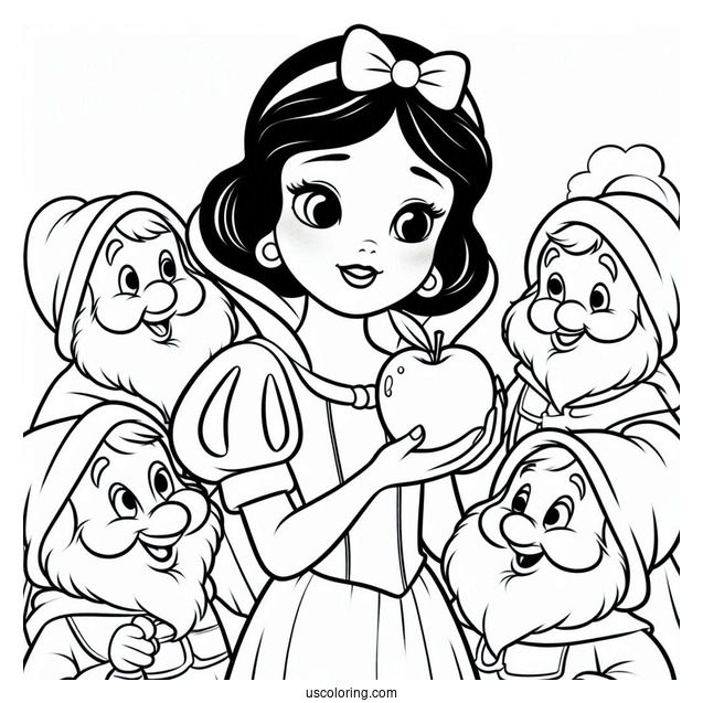 Coloring Page Of Show White Holding Apple With Dwarfs
