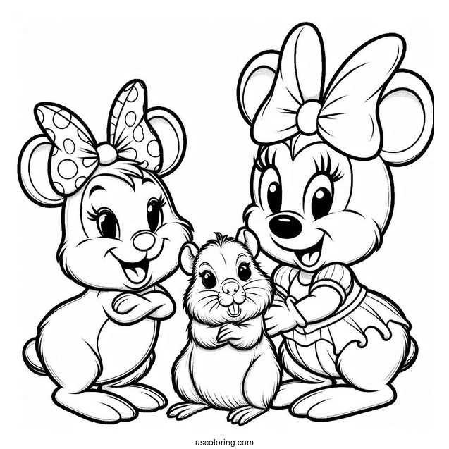 Minnie Mouse With A Capybara Coloring Page Wearing Matching Bows