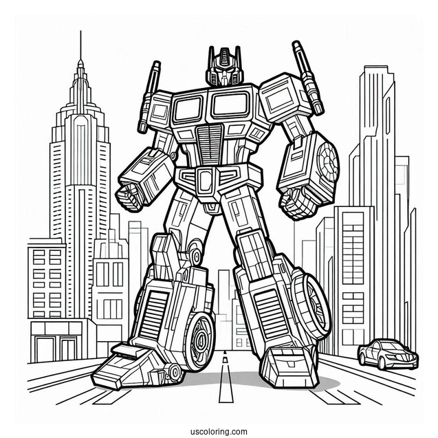 Cartoon Optimus Prime Coloring Page In The City