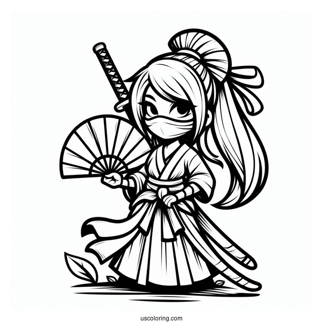 Ninja Holding A Sword And A Fan Coloring Page
