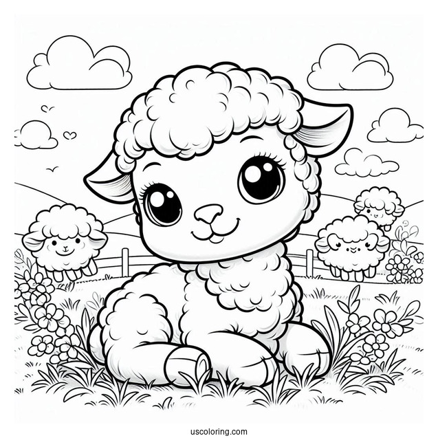 Happy Baby Lamb Sitting In Field Coloring