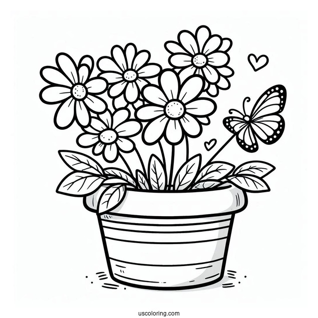 Flower Coloring Pages Of Daisies In Cartoon Pot With Butterfly