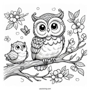 Cute Coloring Page Realistic Owls Perched On A Tree Branch